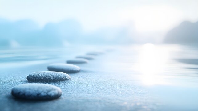 Serene Stepping Stones on Calm Water, Peaceful Zen Garden Scene