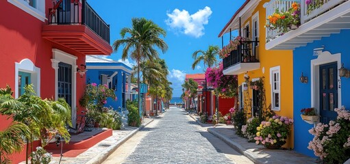 Vibrant Caribbean Street Scene: Colorful Houses, Sunny Day