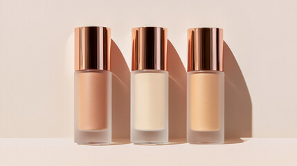 Three liquid foundation bottles in frosted glass with rose gold caps on display