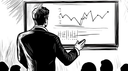 A man is standing in front of a white board with a graph on it
