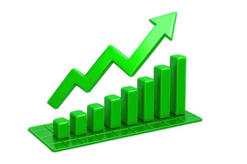 Green bar chart with upward arrow isolated on transparent background, generative ai