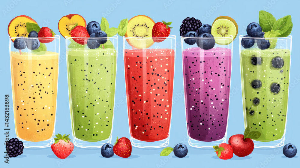 Poster a row of colorful drinks with fruit in them. the drinks are in glasses and are arranged in a row