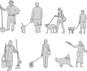 vector sketch illustration silhouette design image of a person carrying a pet dog for a walk