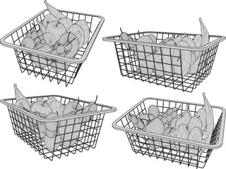 vector sketch illustration of iron basket design filled with fruits and vegetables  