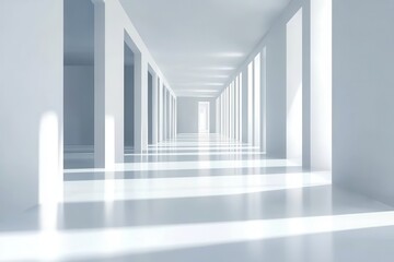 Empty, bright, modern hallway, bathed in natural light.  Perspective, extending into the distance, creating a sense of spaciousness.  Clean, minimalist design