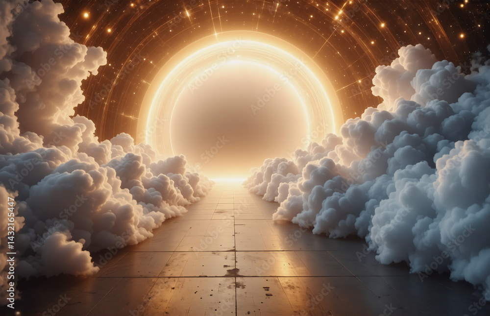 Poster Here's the description and keywords:

An illuminated portal beckons from a tunnel. Fluffy clouds line a path leading toward the radiant light. The scene evokes a sense of wonder and a journey's end.