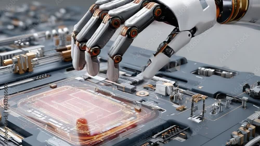 Poster robotic arm inspects circuit board: a high-tech robotic arm meticulously examines a complex circuit 