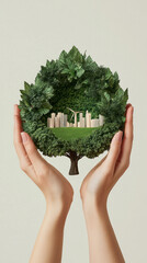 A hand holding a leafy tree with a city in the background. Concept of protecting the environment and the importance of sustainable living