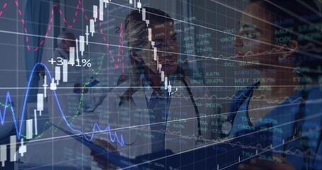 Female doctor reviewing clipboard in hospital corridor, with floating candlestick charts and graphs - Powered by Adobe