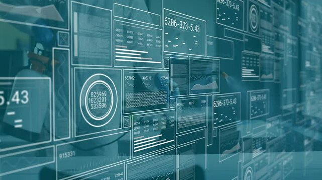 Translucent corporate data panels displaying line graphs bar charts scatter plots gauge indicators
