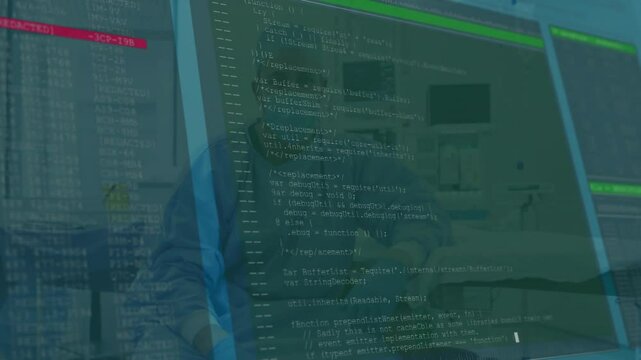 Software developer typing code in office, with floating JavaScript lines and hexagon frames