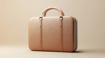 A tan leather briefcase with a brown handle sits on a table