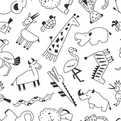 Safari Animals Hand Drawn Black and White Seamless Doodle Pattern for Kids Design Nursery Decor Textile Minimalist Monochrome Vector
