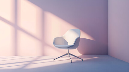 A white chair is sitting in a room with a pink wall