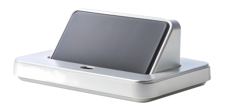 A modern and sleek silver smartphone charging dock with gray screen displayed