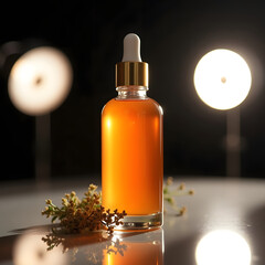 A luxurious amber-colored serum bottle with a dropper cap is elegantly showcased under warm studio lights, highlighting its premium beauty and skincare appeal