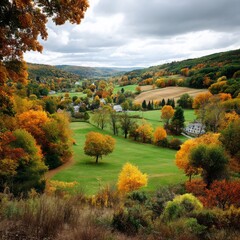 Scenic Autumn Landscape with Colorful Foliage and Rolling Hills Under Cloudy Sky in Rural Countryside, Capturing the Beauty of Nature's Seasonal Transition