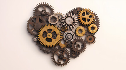 Collection of gears and cogs are arranged in the shape of a heart. concept of mechanical precision and order, as well as a romantic or sentimental feeling. Pulse Forge. Illustration