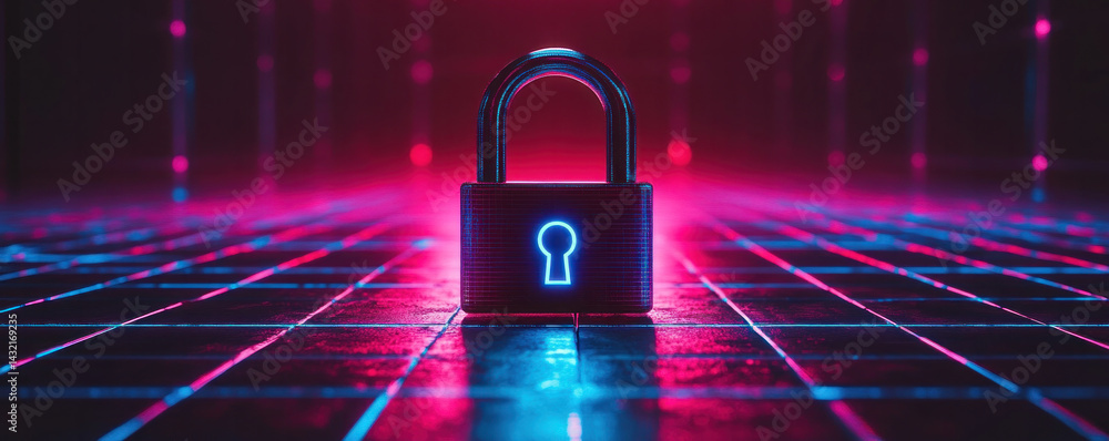 Poster a glowing blue and red key is on a dark surface. the key is surrounded by a series of blue and red s