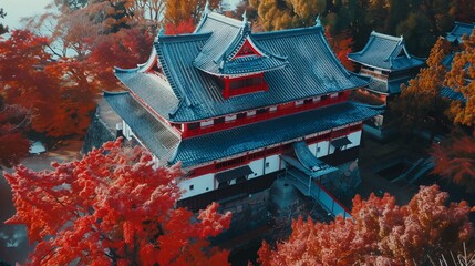 Autumnal Japanese temple aerial view, red leaves, serene landscape, travel brochure