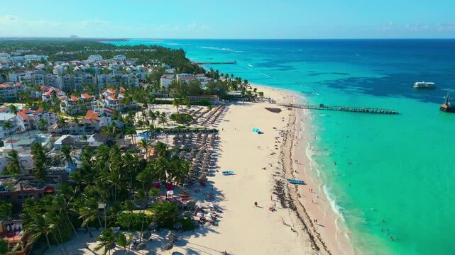 Flight over Los Corales beach on a bright sunny day in Bavaro Punta Cana
