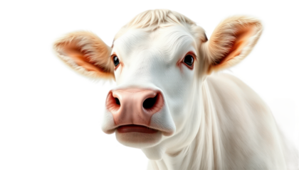 Close Up Portrait Of A White Cow With Pink Nose Against Transparent Background