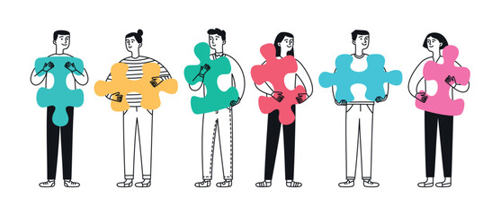 Teamwork and partnership concept. Diverse men and women with puzzles in their hands. People communication. Vector doodle illustration