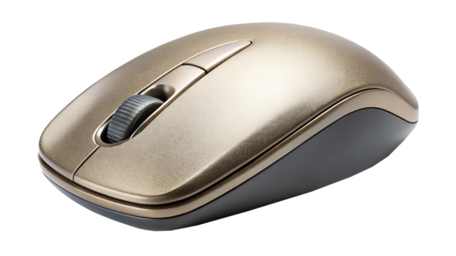 Wireless computer mouse with a bronze metallic color scheme on a transparent background