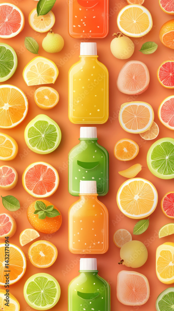 Poster a row of juice bottles with a variety of fruit juices and oranges. the bottles are lined up next to 