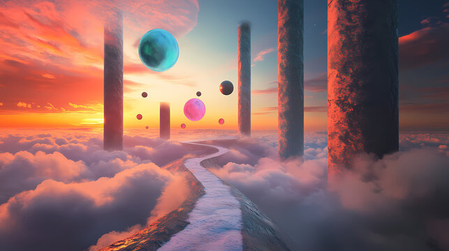 A surreal landscape featuring a winding path of vibrant colors amidst floating clouds and towering structures during sunset. floating echoes. illustration. Echo Tower. Illustration