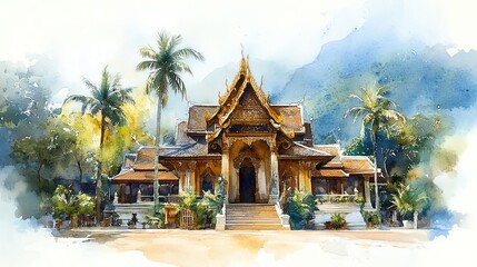 Naklejka premium Watercolor Illustration of a Traditional Thai Temple with Palm Trees and Lush Greenery