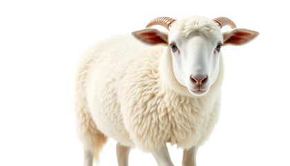 Fototapeta premium Closeup of a Fluffy White Sheep on White Background