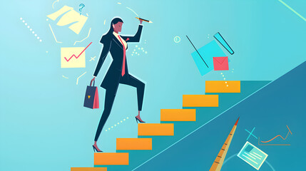 Businesswoman climbing stairs while looking through telescope with business related graphics around