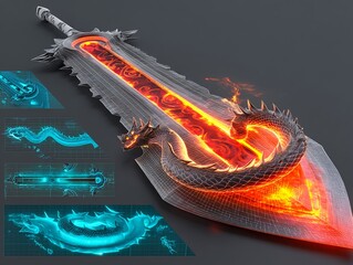 A CG illustration of a fantasy greatsword with a dragon-scale blade, fiery engravings, and storm energy