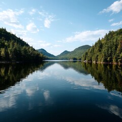 Fototapeta premium Serene Lake Surrounded by Lush Green Forests and Majestic Mountains Under a Sky Filled with Soft White Clouds and Bright Sunlight