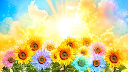 Obraz premium Vibrant Rainbow Sunflowers in Magical Sky