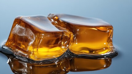 Two amber-colored ice cubes resting on a dark surface