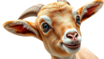 Closeup Portrait Of A Cute Brown Goat Kid With Blue Eyes And Horns On