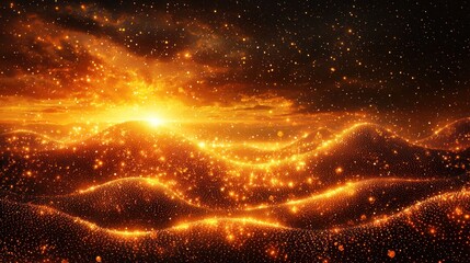 Obraz premium A digital artwork depicting a breathtaking sunset over a luminous, undulating landscape