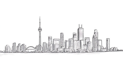 A city skyline with a tall tower in the middle