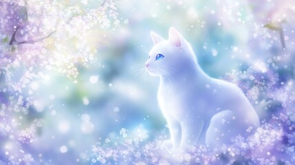 Delicate white cat amidst springtime blossoms.