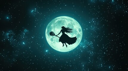 Fototapeta premium A silhouette of a witch flying through the night sky.