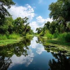 Fototapeta premium Serene Reflection in Lush Green Wetlands Under a Blue Sky with Fluffy Clouds and Tranquil Waters, Capturing Nature's Peaceful Essence at Golden Hour