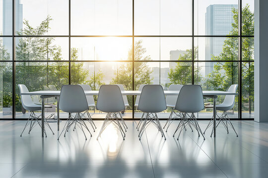 Glass-walled corporate office with a sleek white meeting table and minimalist chairs, bathed in sunlight, creating a bright and professional environment for business meetings.

