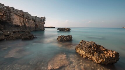 Coastal rocks, calm sea, cliff, sunrise, serenity, travel, background, poster
