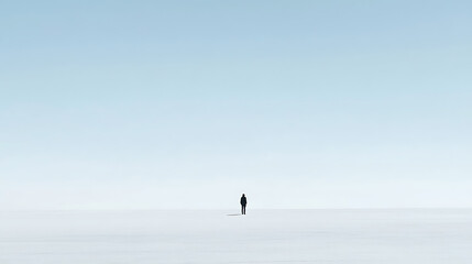 Fototapeta premium A person stands alone in a vast, snow-covered field