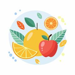 Fruits, berries, leaves and slices.Abstract geometric background. Banner template. Set of vector icons in simple flat style.