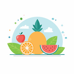 Fruits, berries, leaves and slices.Abstract geometric background. Banner template. Set of vector icons in simple flat style.