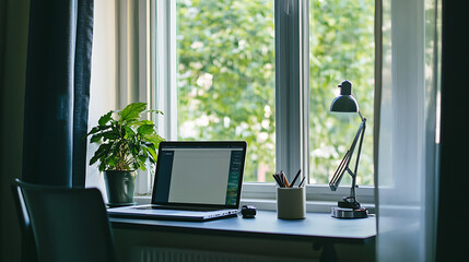 A laptop is on a desk next to a potted plant