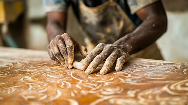 Artisan Hands Carving Intricate Wooden Design Detailed Closeup Woodworking Craftsman Skillful Artistry Brown Wood Texture Natural Wood Grain Authentic
